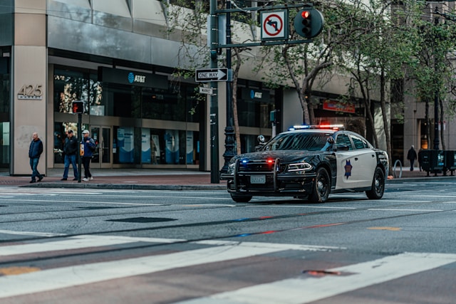 Police cruiser on the road.